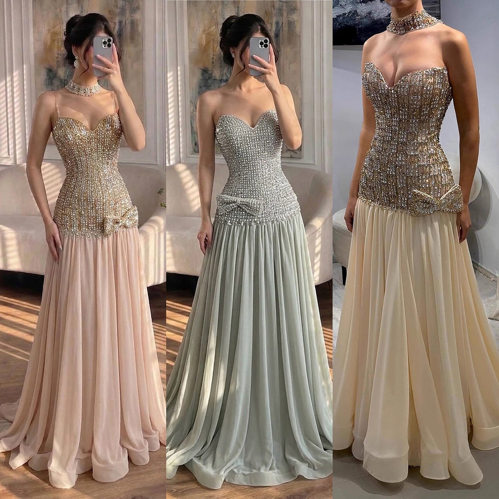 Kosovo Luxury Beaded Bow Decoration Nude A-Line With Choker Party Dress Strapless Women Evening Gown CLA73361