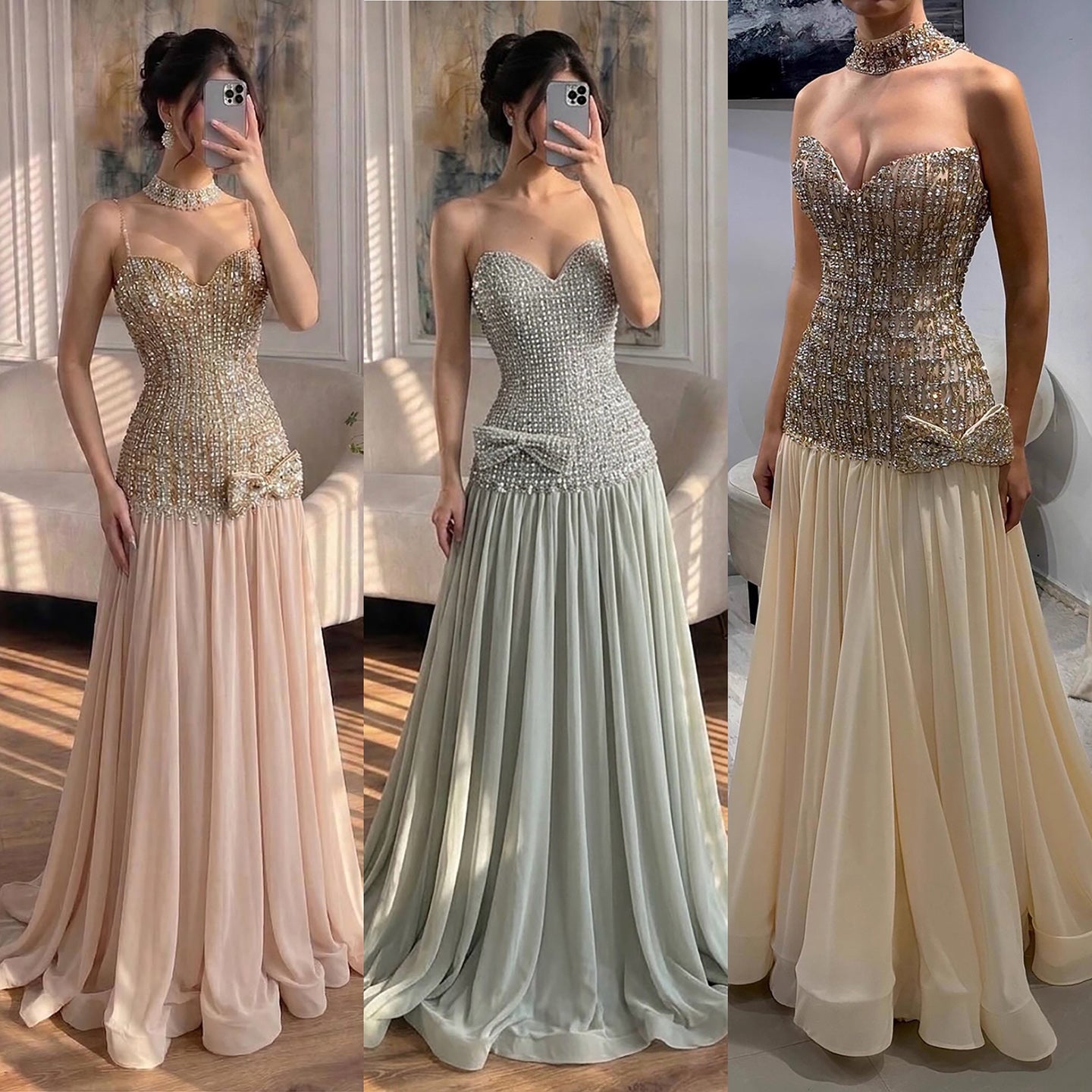 Kosovo Luxury Beaded Bow Decoration Nude A-Line With Choker Party Dress Strapless Women Evening Gown CLA73361