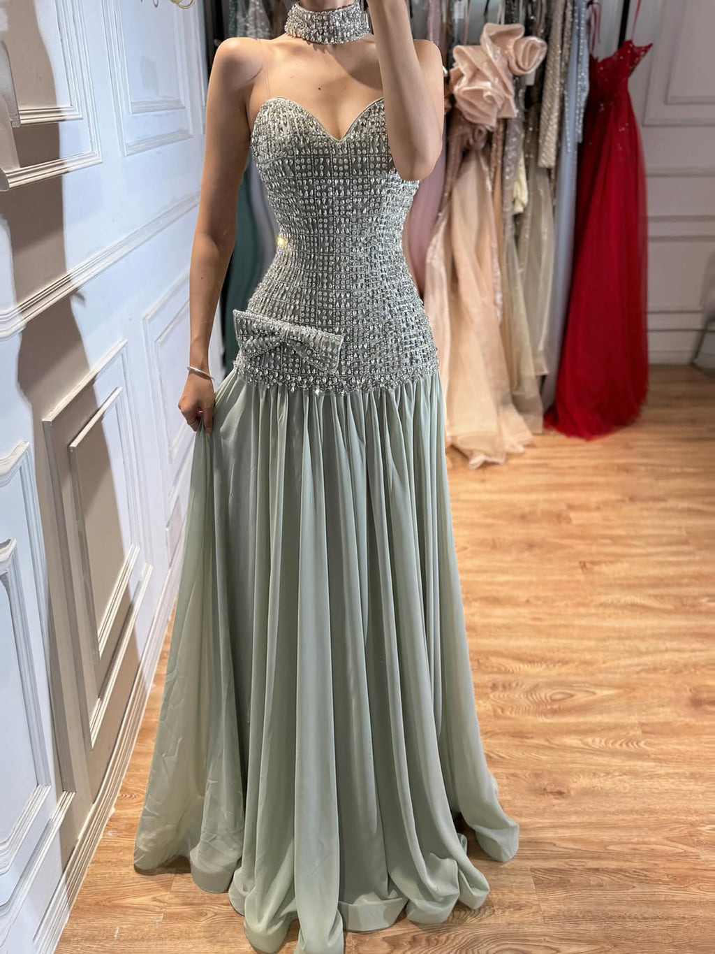 Kosovo Luxury Beaded Bow Decoration Nude A-Line With Choker Party Dress Strapless Women Evening Gown CLA73361