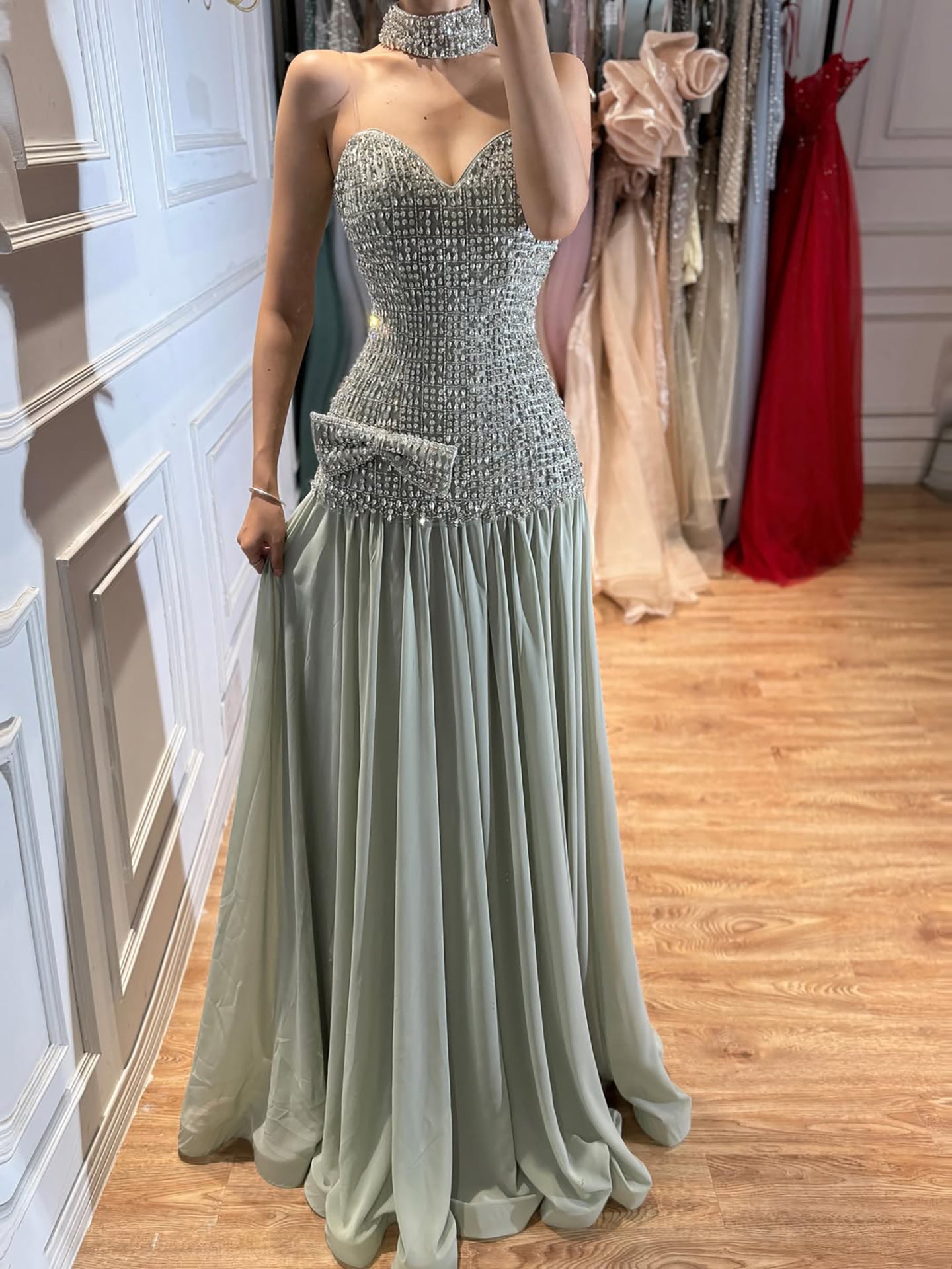 Kosovo Luxury Beaded Bow Decoration Nude A-Line With Choker Party Dress Strapless Women Evening Gown CLA73361