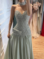 Kosovo Luxury Beaded Bow Decoration Nude A-Line With Choker Party Dress Strapless Women Evening Gown CLA73361