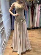Kosovo Luxury Beaded Bow Decoration Nude A-Line With Choker Party Dress Strapless Women Evening Gown CLA73361