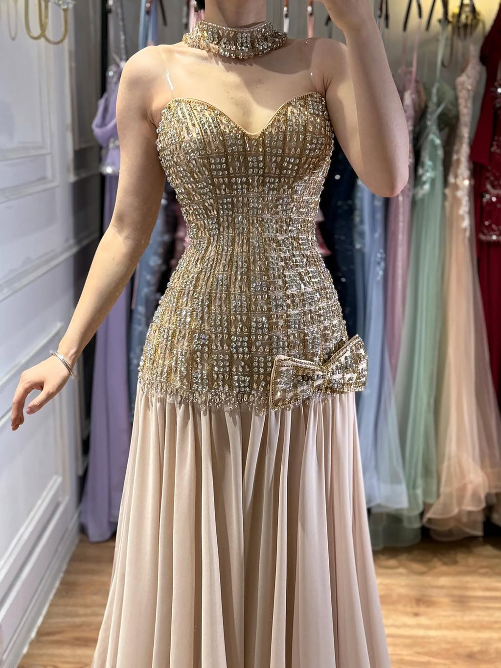 Kosovo Luxury Beaded Bow Decoration Nude A-Line With Choker Party Dress Strapless Women Evening Gown CLA73361