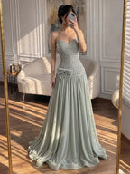 Kosovo Luxury Beaded Bow Decoration Nude A-Line With Choker Party Dress Strapless Women Evening Gown CLA73361