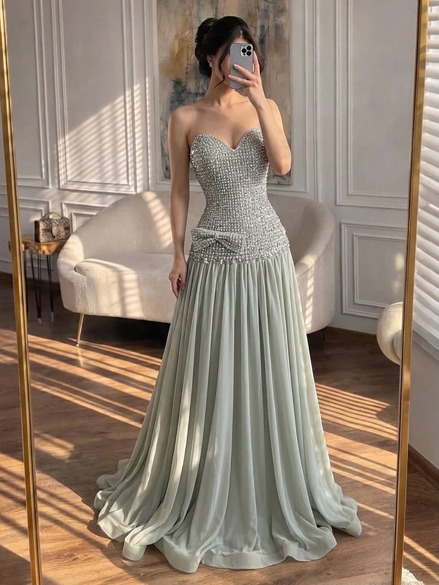 Kosovo Luxury Beaded Bow Decoration Nude A-Line With Choker Party Dress Strapless Women Evening Gown CLA73361