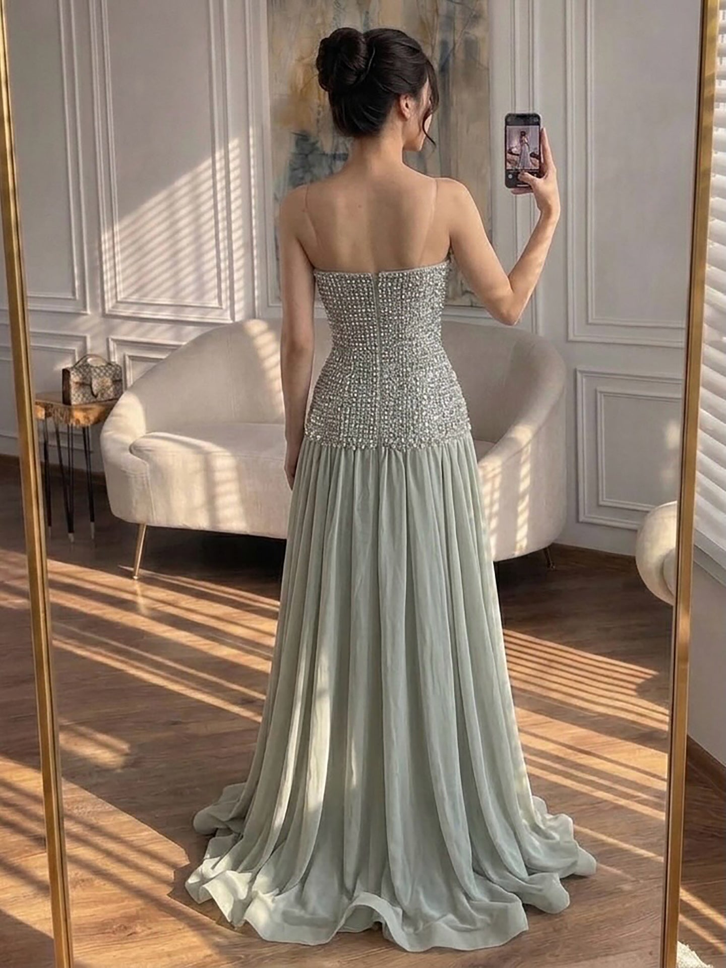 Kosovo Luxury Beaded Bow Decoration Nude A-Line With Choker Party Dress Strapless Women Evening Gown CLA73361