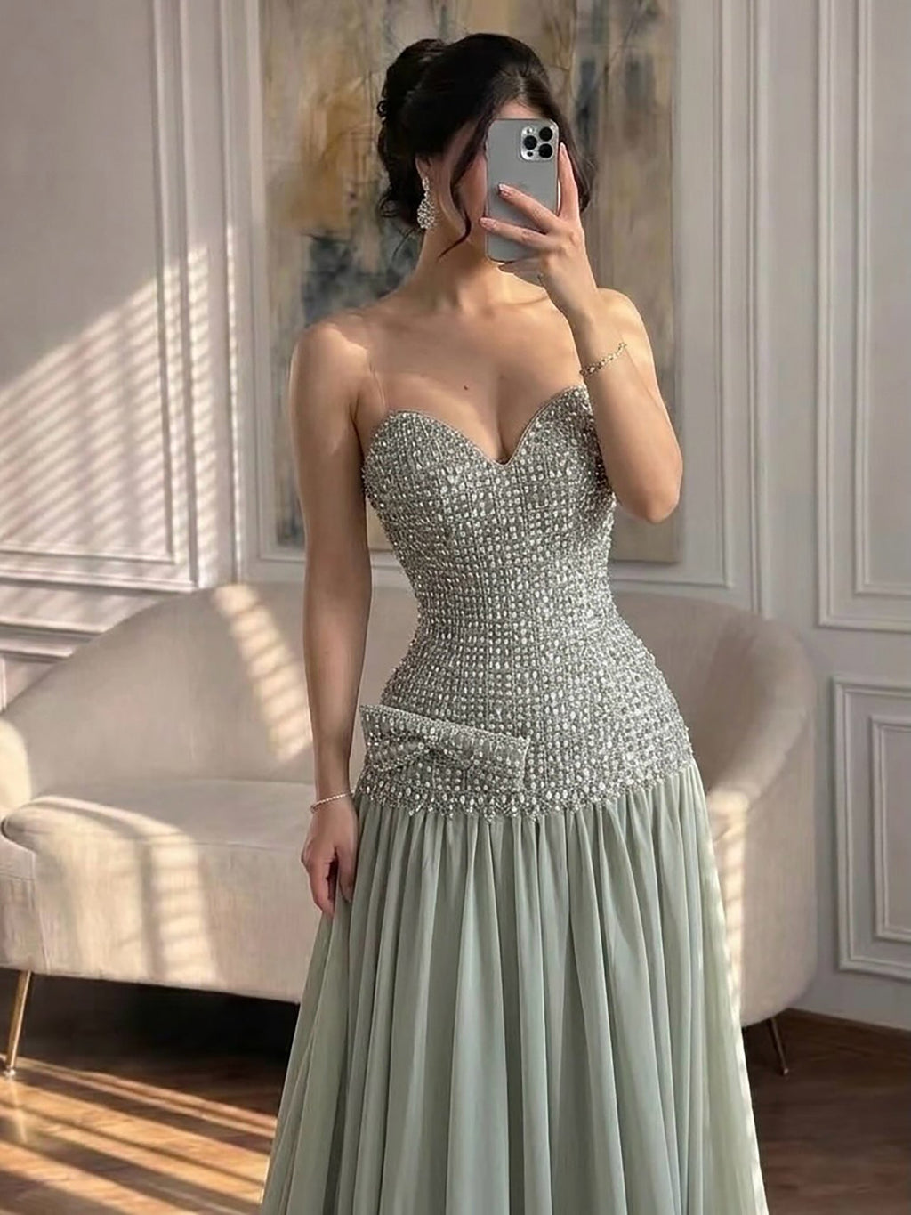 Kosovo Luxury Beaded Bow Decoration Nude A-Line With Choker Party Dress Strapless Women Evening Gown CLA73361