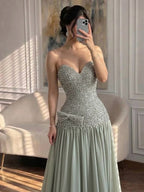 Kosovo Luxury Beaded Bow Decoration Nude A-Line With Choker Party Dress Strapless Women Evening Gown CLA73361