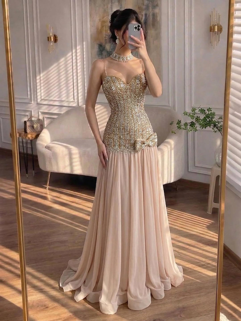 Kosovo Luxury Beaded Bow Decoration Nude A-Line With Choker Party Dress Strapless Women Evening Gown CLA73361