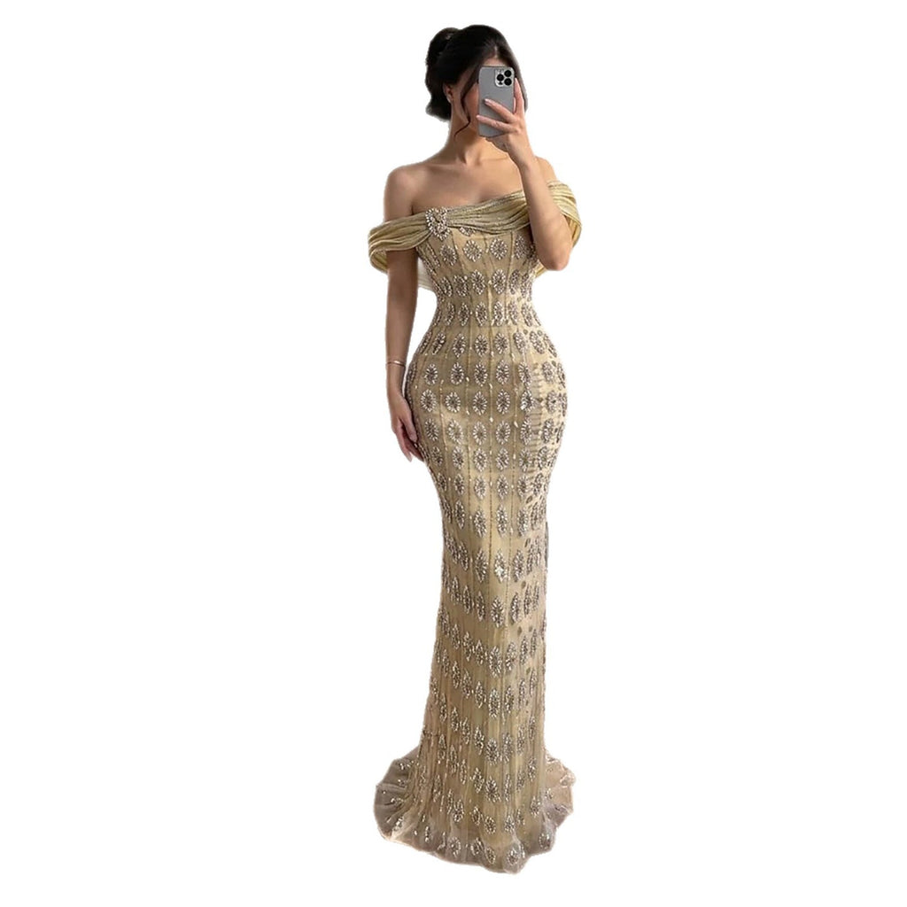Arabic Luxury Gold Beaded Mermaid Evening Dress CLA73362
