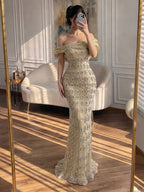 Arabic Luxury Gold Beaded Mermaid Evening Dress CLA73362