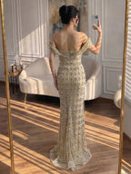 Arabic Luxury Gold Beaded Mermaid Evening Dress CLA73362
