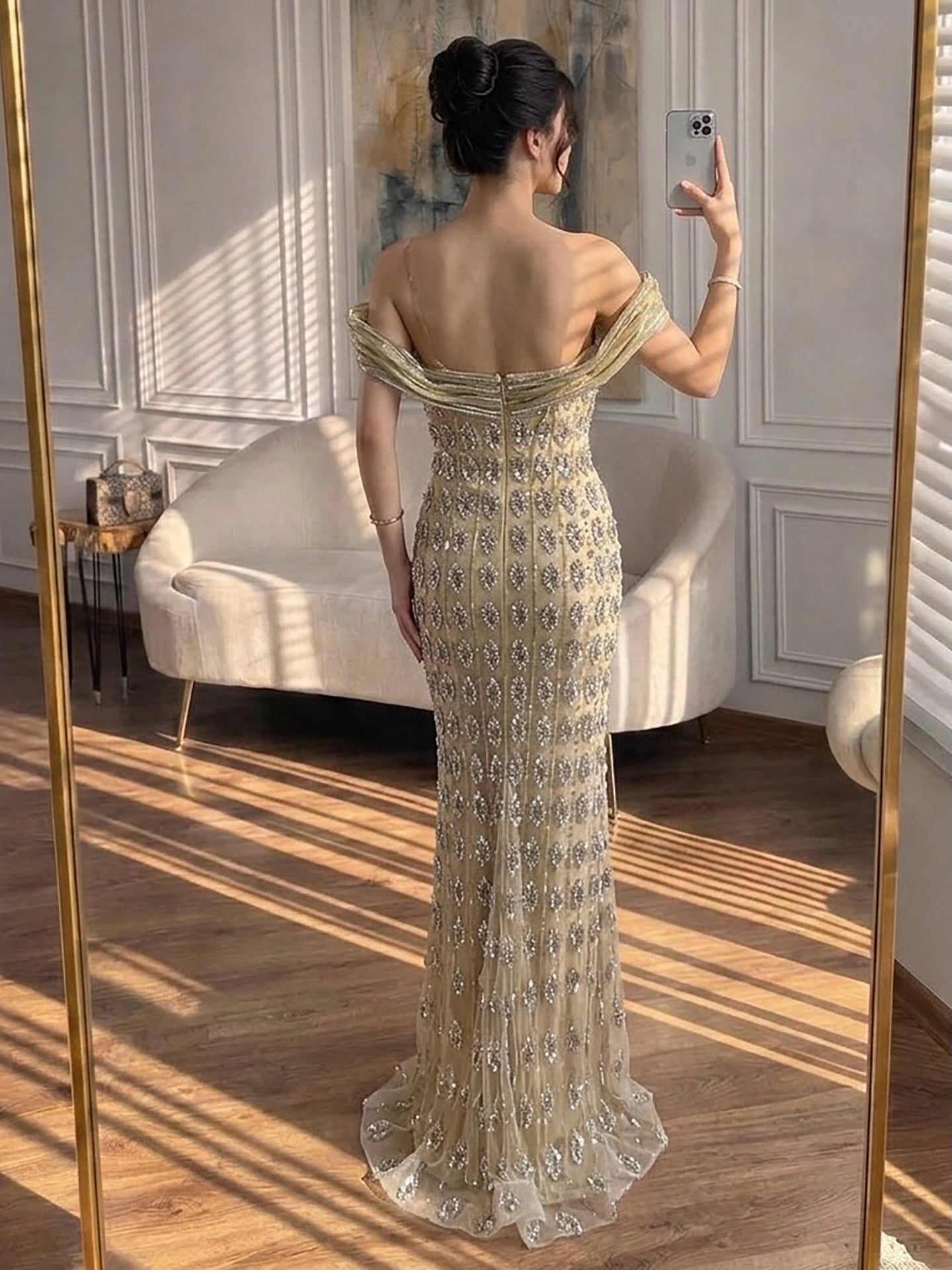 Arabic Luxury Gold Beaded Mermaid Evening Dress CLA73362