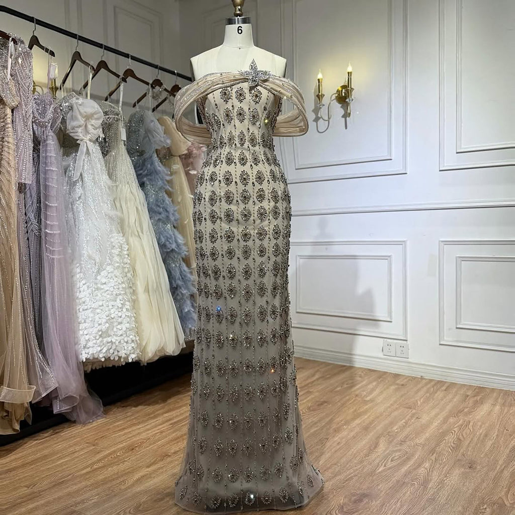 Arabic Luxury Gold Beaded Mermaid Evening Dress CLA73362