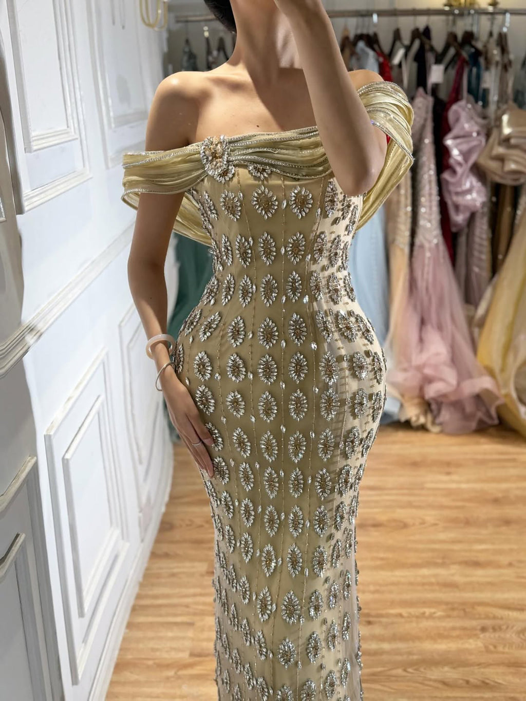 Arabic Luxury Gold Beaded Mermaid Evening Dress CLA73362