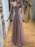 Arabic Modest Muslim Hijab Women A-Line Evening Dress Pink CLA73363