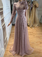 Arabic Modest Muslim Hijab Women A-Line Evening Dress Pink CLA73363