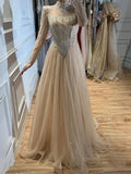 Luxury Nude Crystal Beaded A Line Evening Dress LA73753