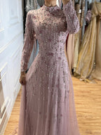 Arabic Modest Muslim Hijab Women A-Line Evening Dress Pink CLA73363