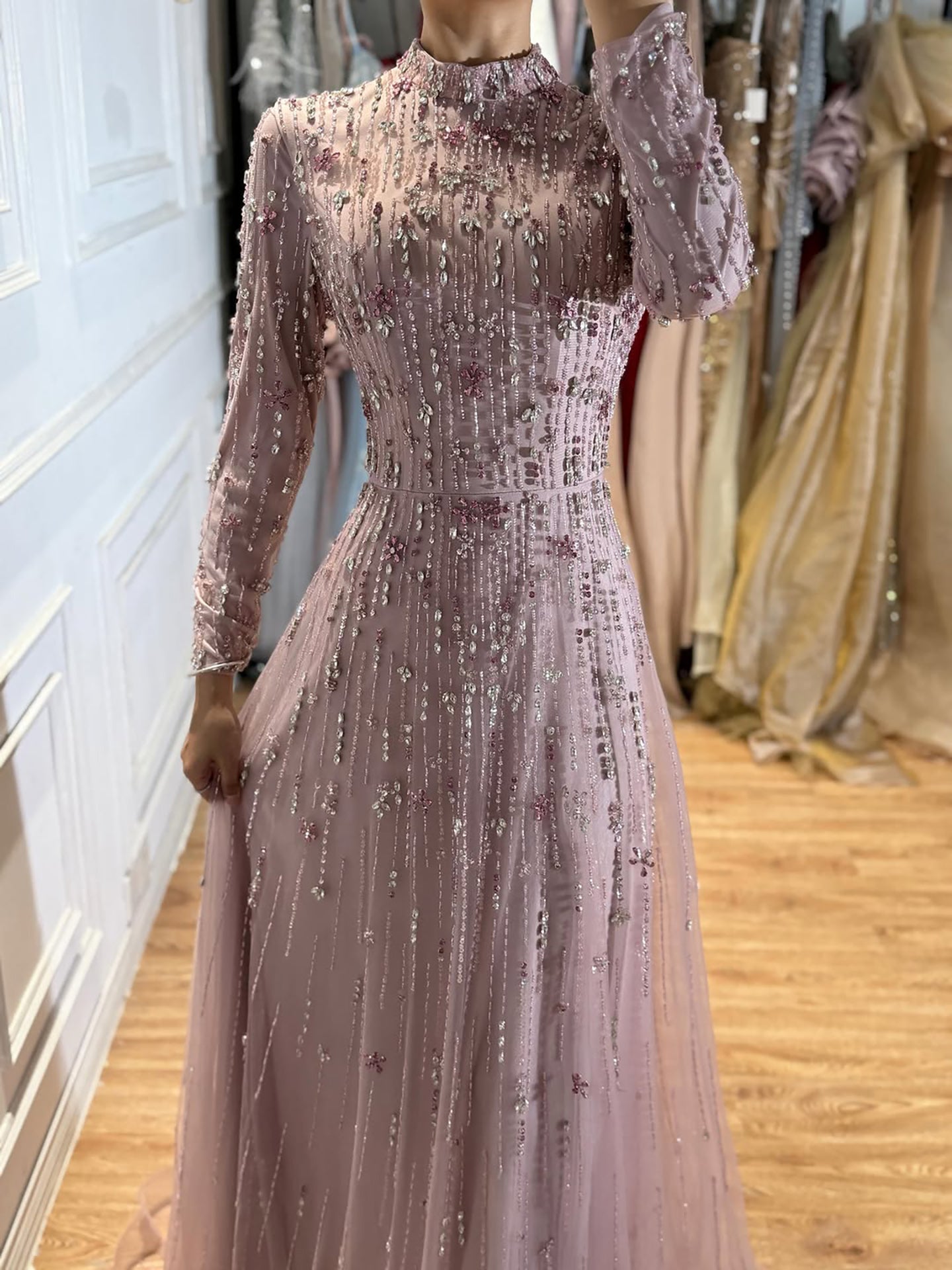Arabic Modest Muslim Hijab Women A-Line Evening Dress Pink CLA73363