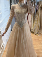 Luxury Nude Crystal Beaded A Line Evening Dress LA73753