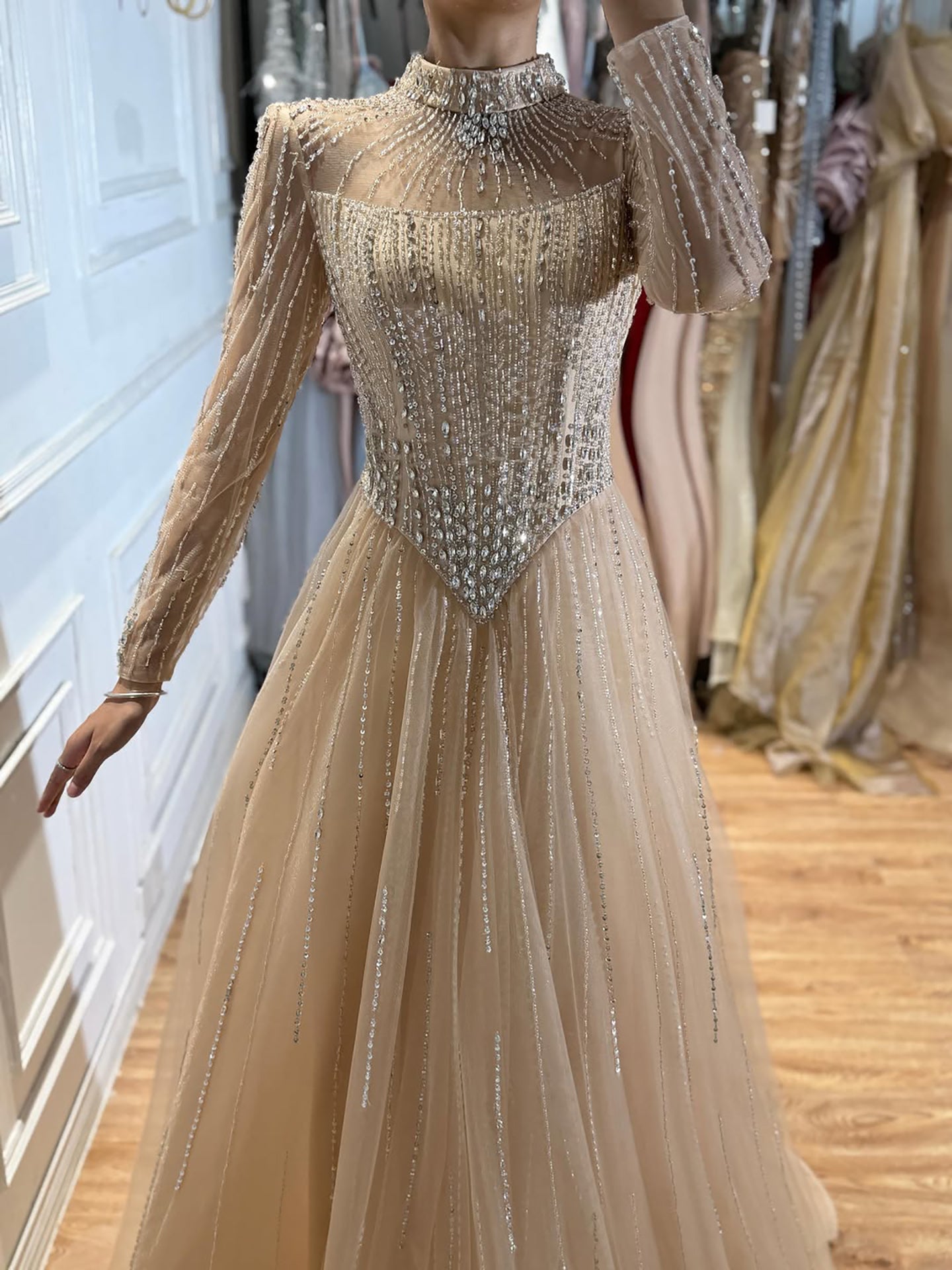 Luxury Nude Crystal Beaded A Line Evening Dress LA73753
