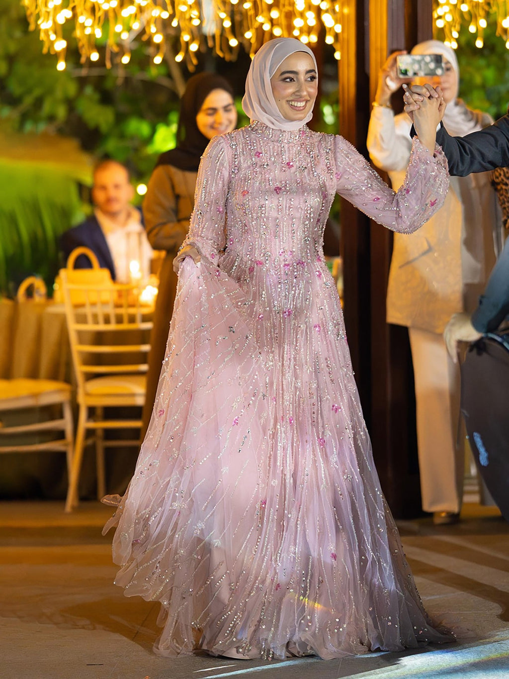 Arabic Modest Muslim Hijab Women A-Line Evening Dress Pink CLA73363