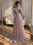 Arabic Modest Muslim Hijab Women A-Line Evening Dress Pink CLA73363