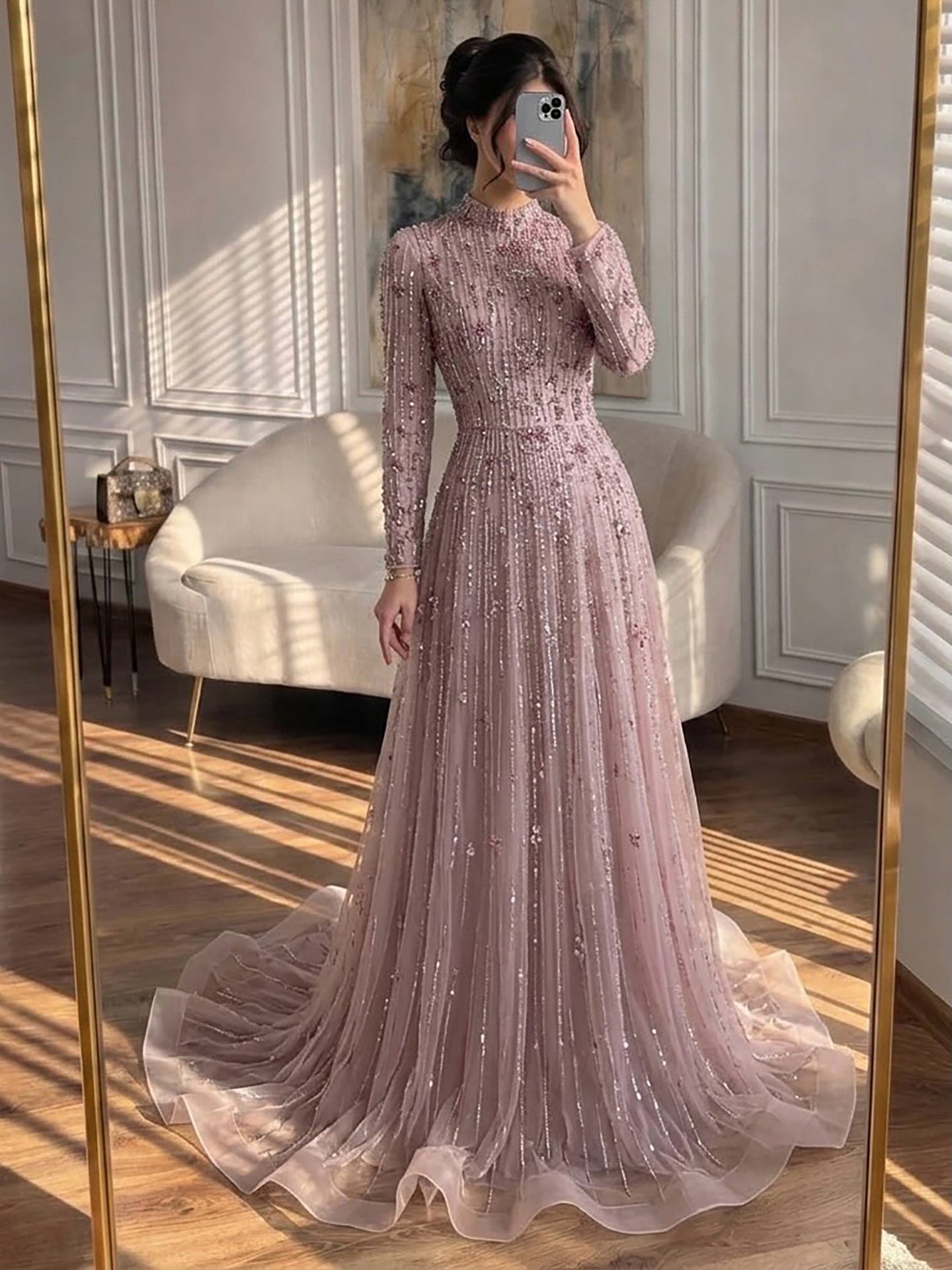 Arabic Modest Muslim Hijab Women A-Line Evening Dress Pink CLA73363