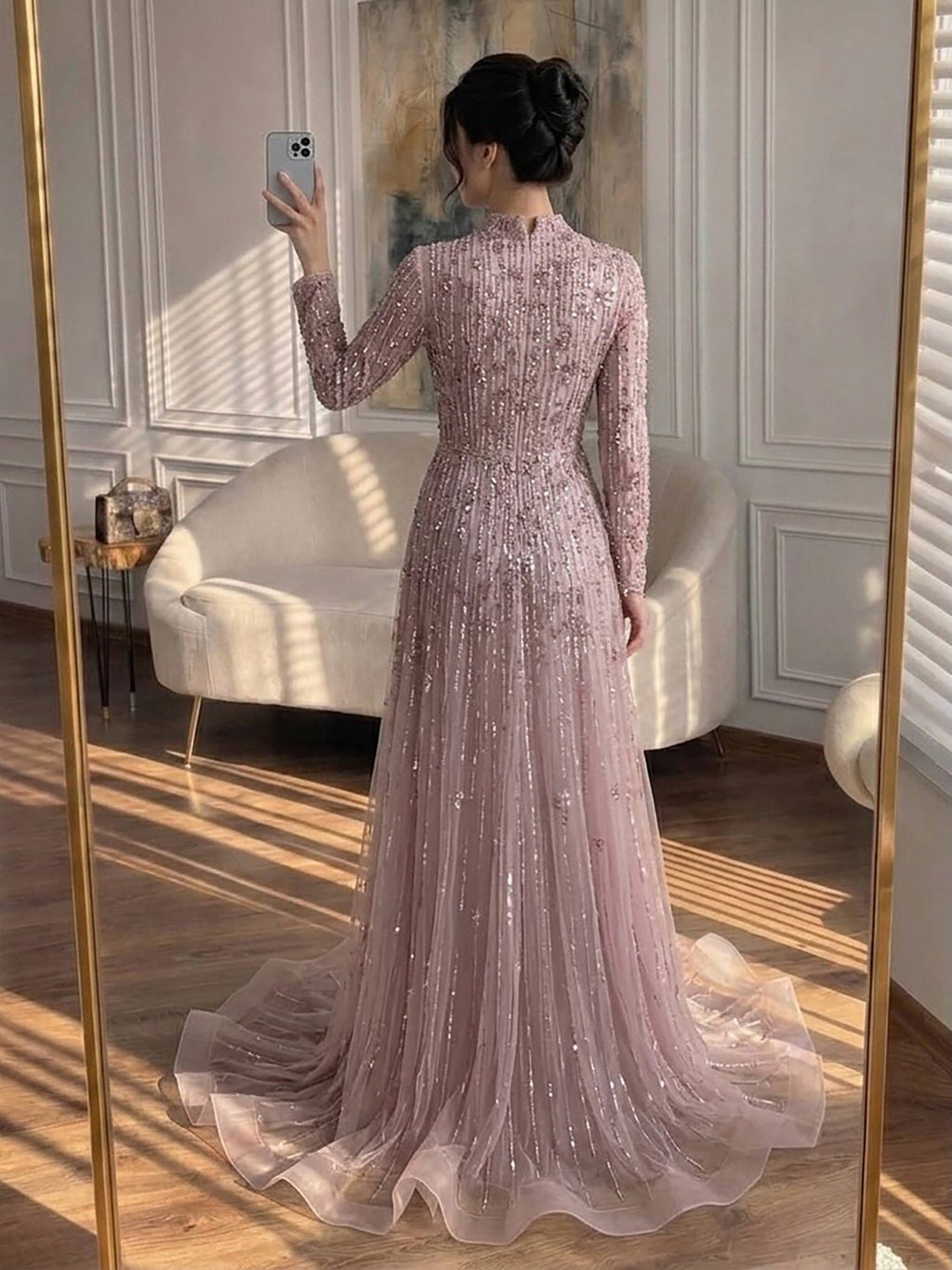 Arabic Modest Muslim Hijab Women A-Line Evening Dress Pink CLA73363