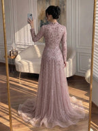 Arabic Modest Muslim Hijab Women A-Line Evening Dress Pink CLA73363