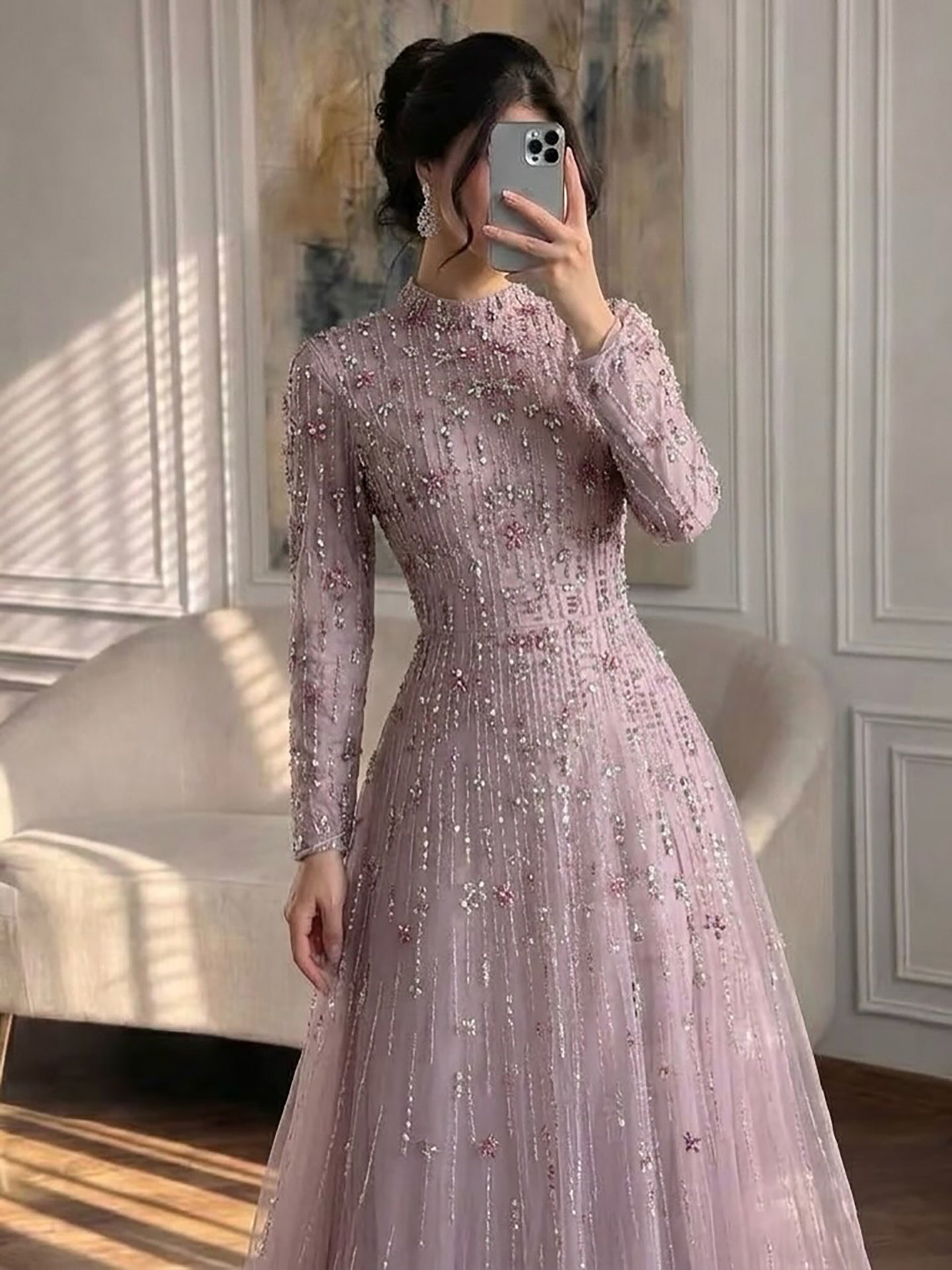 Arabic Modest Muslim Hijab Women A-Line Evening Dress Pink CLA73363