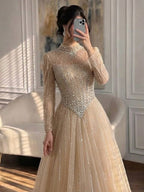 Luxury Nude Crystal Beaded A Line Evening Dress LA73753