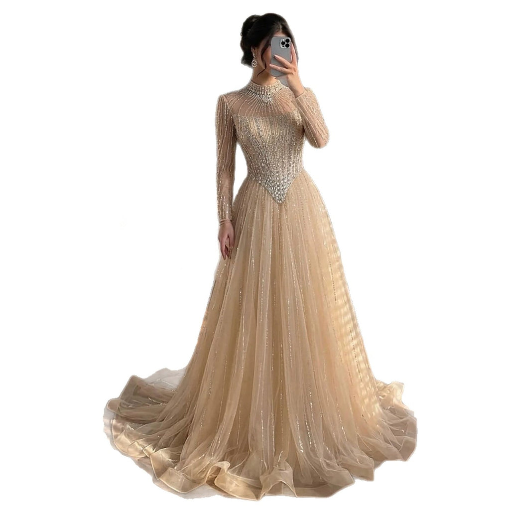 Luxury Nude Crystal Beaded A Line Evening Dress LA73753