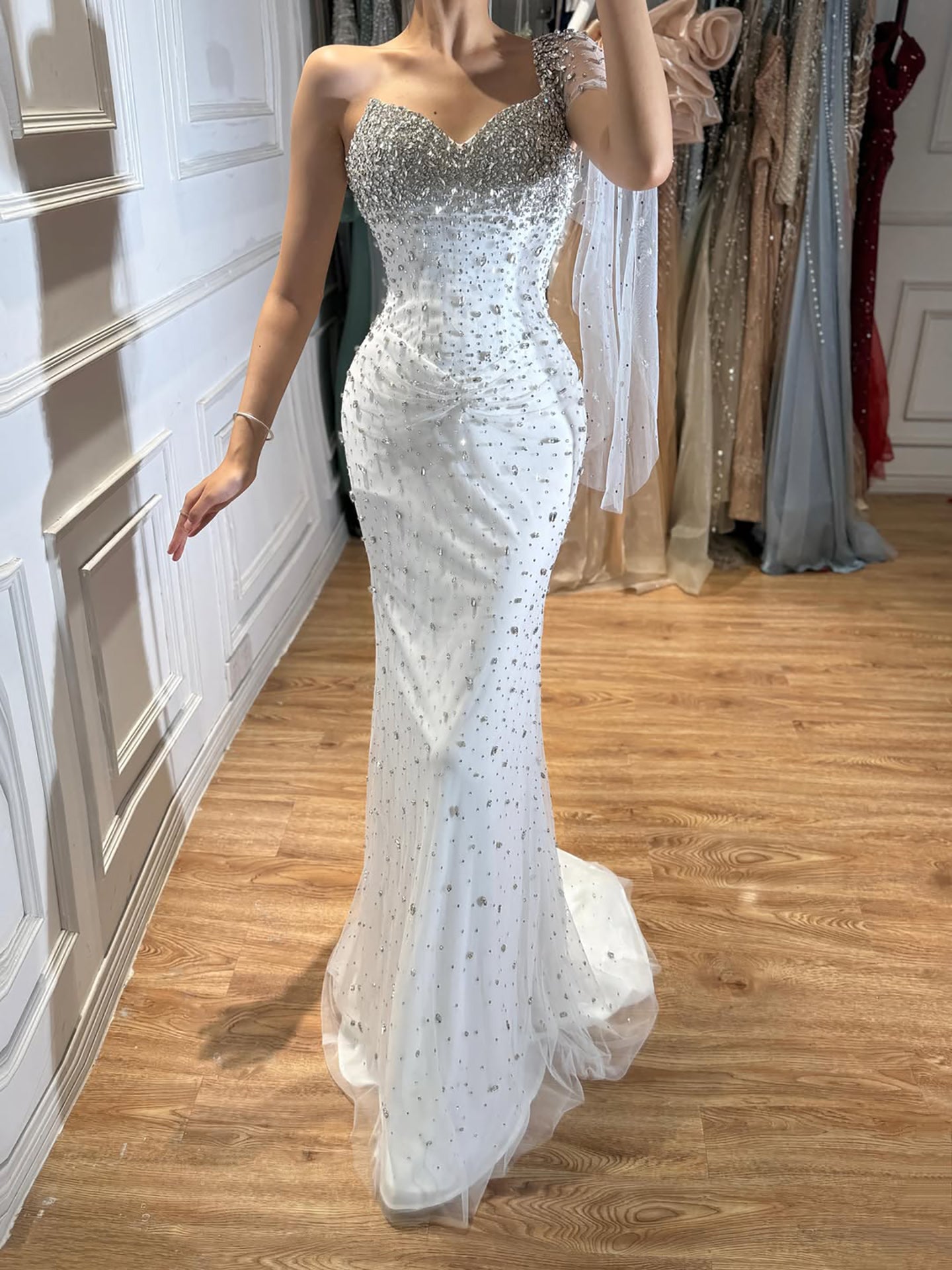 Luxury Sliver Nude Crystal Beaded One Shoulder Mermaid Evening Dress LA73364