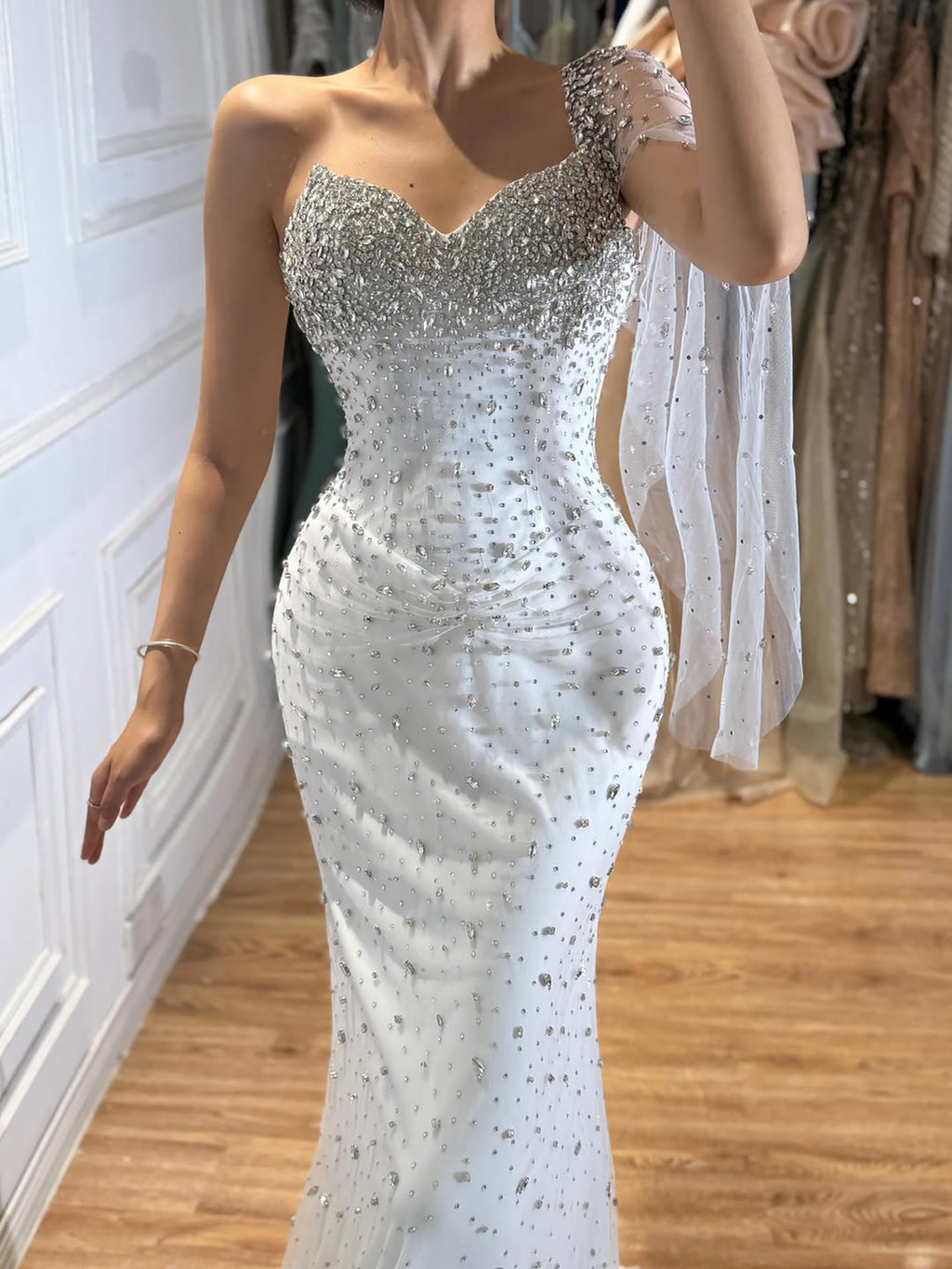 Luxury Sliver Nude Crystal Beaded One Shoulder Mermaid Evening Dress LA73364