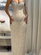 Luxury Sliver Nude Crystal Beaded One Shoulder Mermaid Evening Dress LA73364