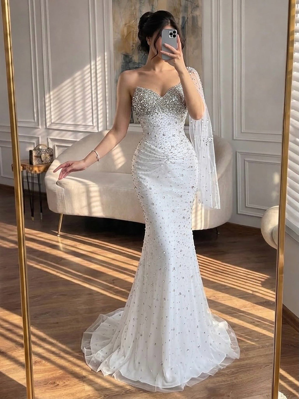 Luxury Sliver Nude Crystal Beaded One Shoulder Mermaid Evening Dress LA73364
