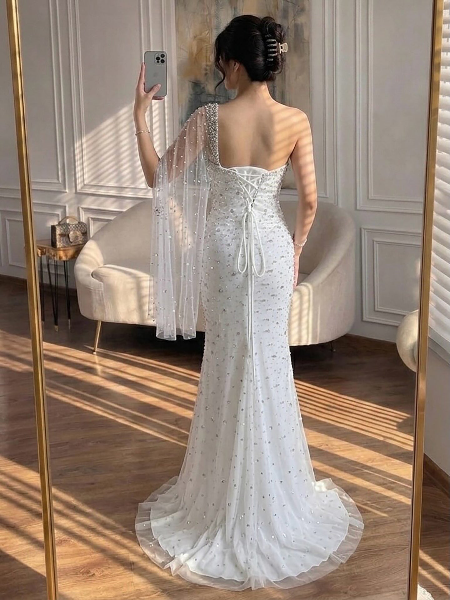Luxury Sliver Nude Crystal Beaded One Shoulder Mermaid Evening Dress LA73364