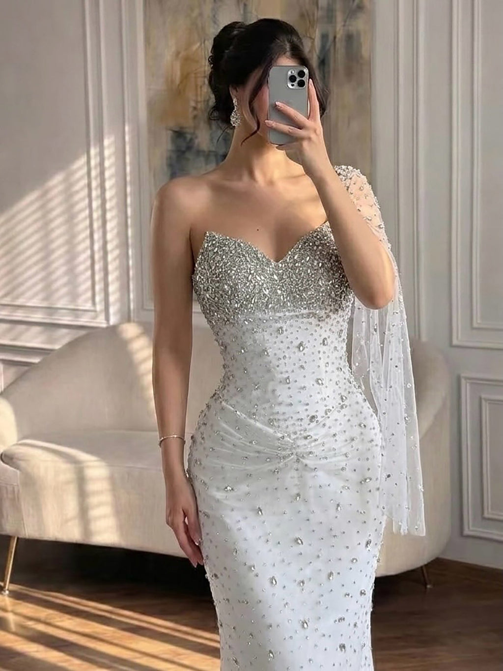 Luxury Sliver Nude Crystal Beaded One Shoulder Mermaid Evening Dress LA73364