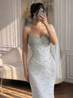 Luxury Sliver Nude Crystal Beaded One Shoulder Mermaid Evening Dress LA73364