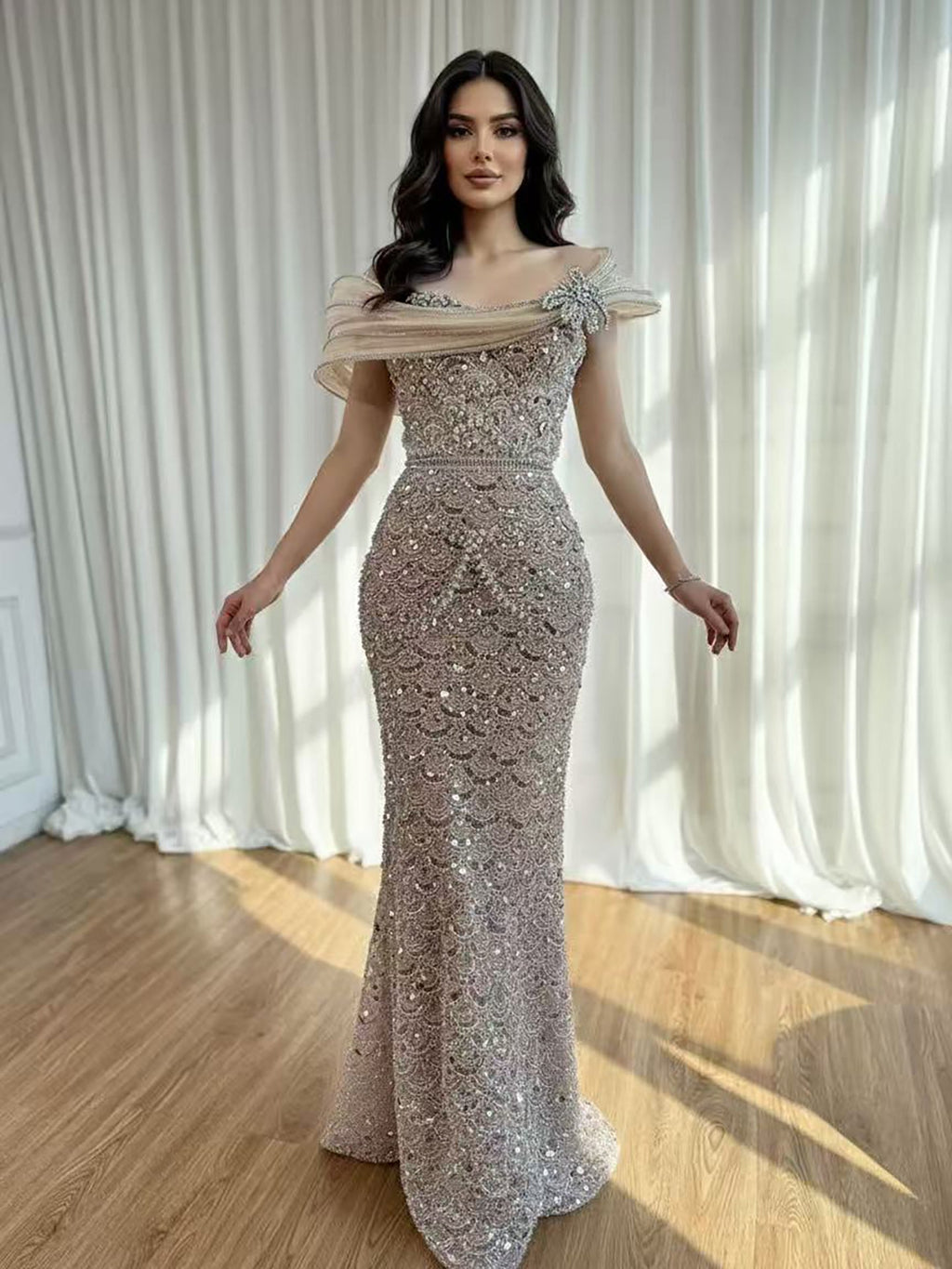 Luxury Nude Beaded Off Shoulder Mermaid Evening Dress CLA73365A