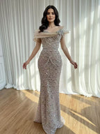Luxury Nude Beaded Off Shoulder Mermaid Evening Dress CLA73365A
