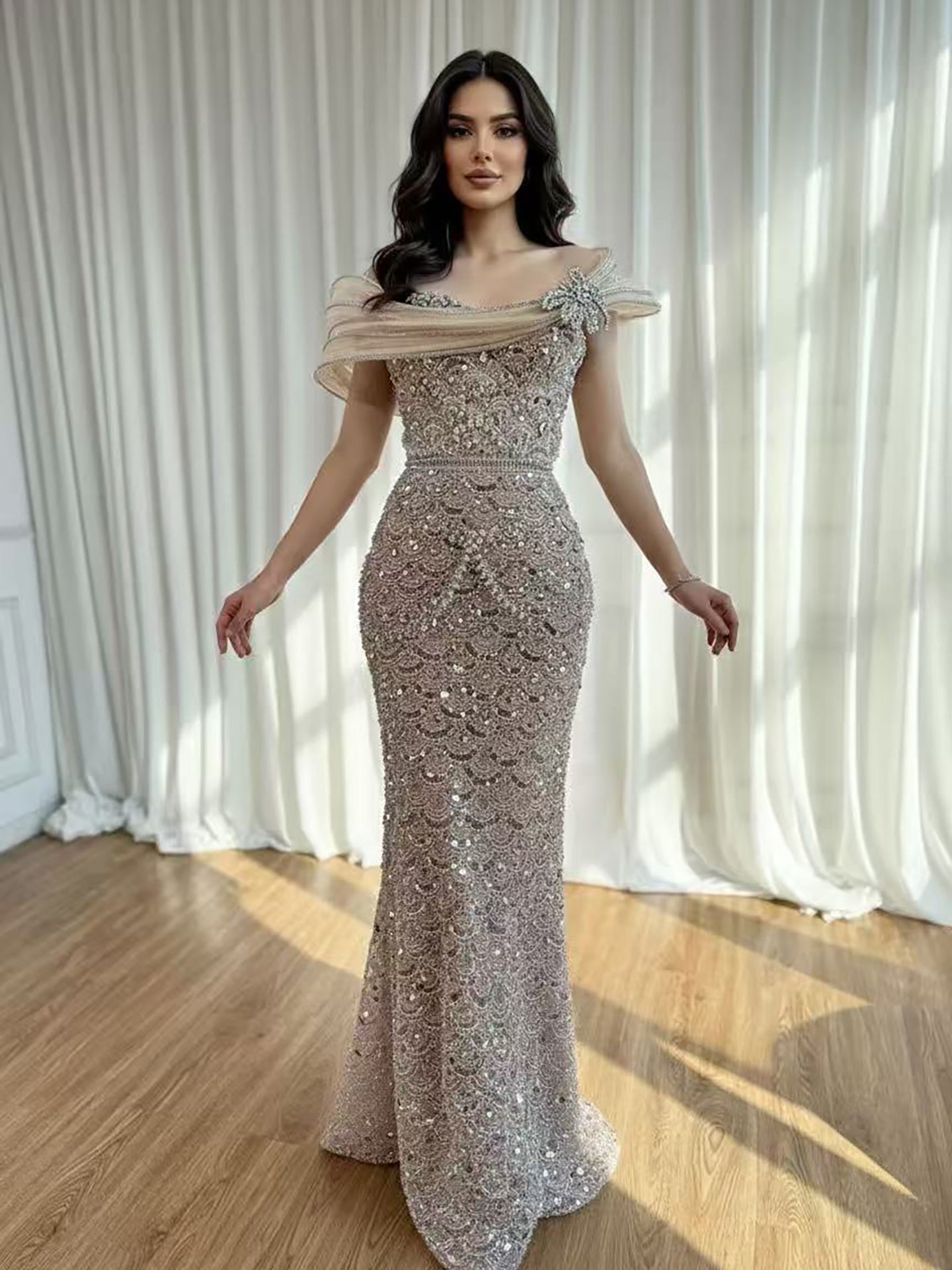 Luxury Nude Beaded Off Shoulder Mermaid Evening Dress CLA73365A