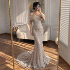 Luxury Nude Beaded Off Shoulder Mermaid Evening Dress CLA73365A