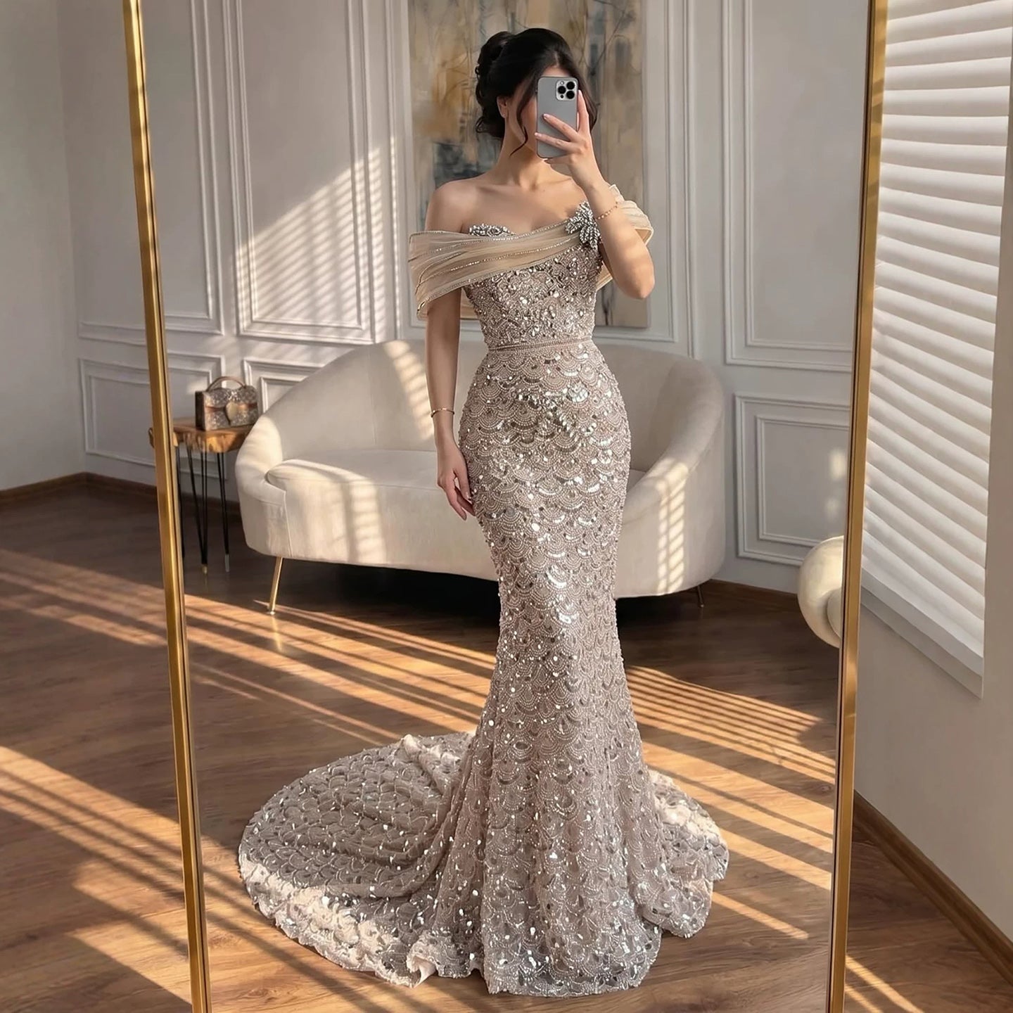 Luxury Nude Beaded Off Shoulder Mermaid Evening Dress CLA73365A