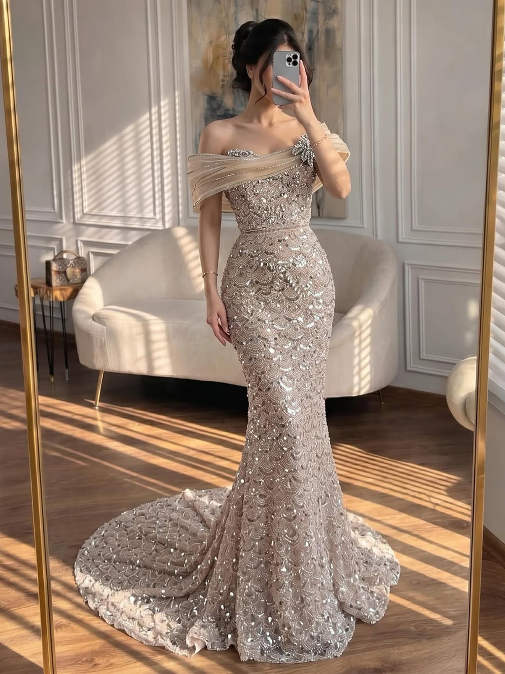 Luxury Nude Beaded Off Shoulder Mermaid Evening Dress CLA73365A