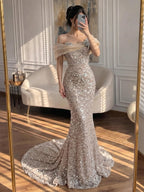 Luxury Nude Beaded Off Shoulder Mermaid Evening Dress CLA73365A