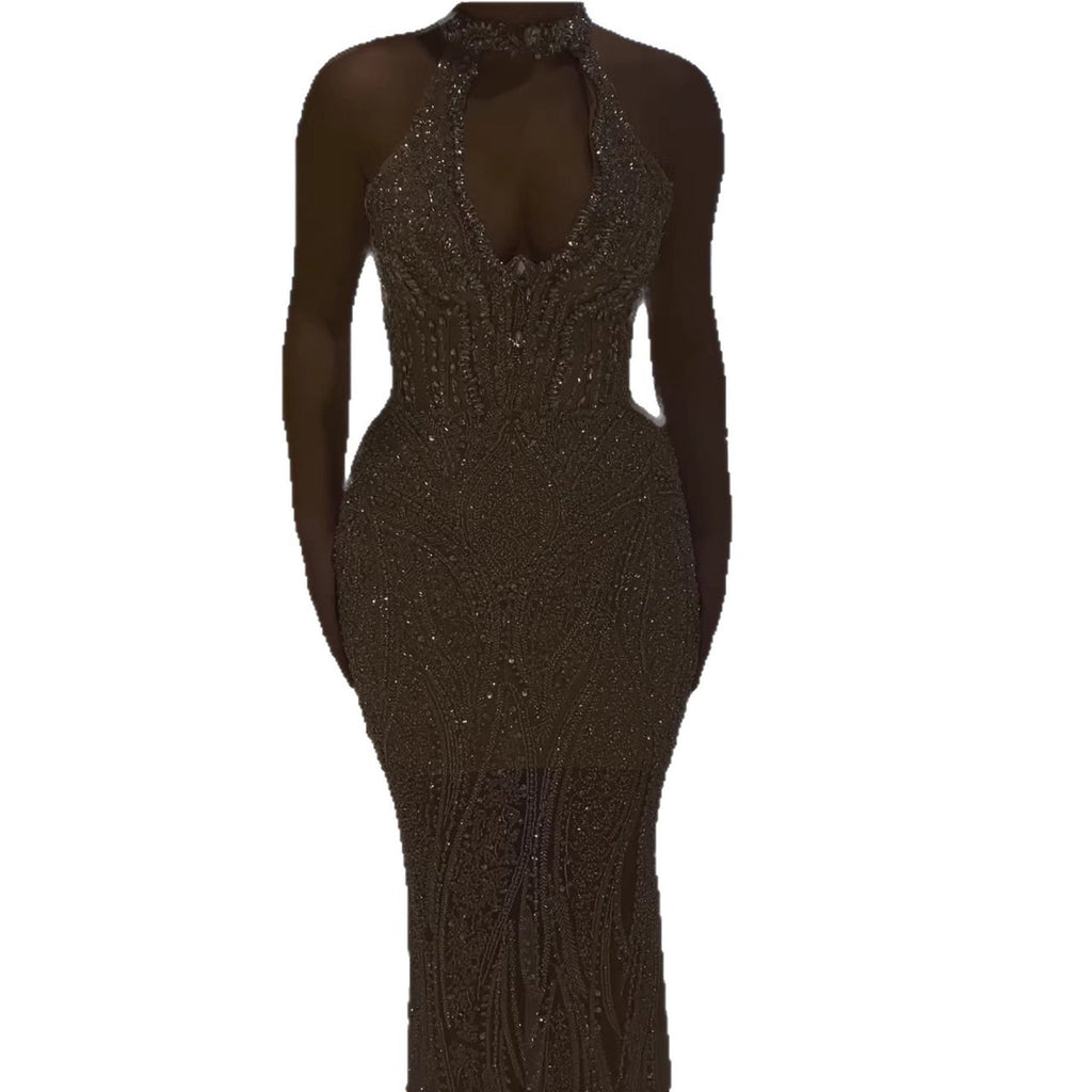 Silver Nude Halter Deep V Crystal Mermaid Evening Dress CLA733673