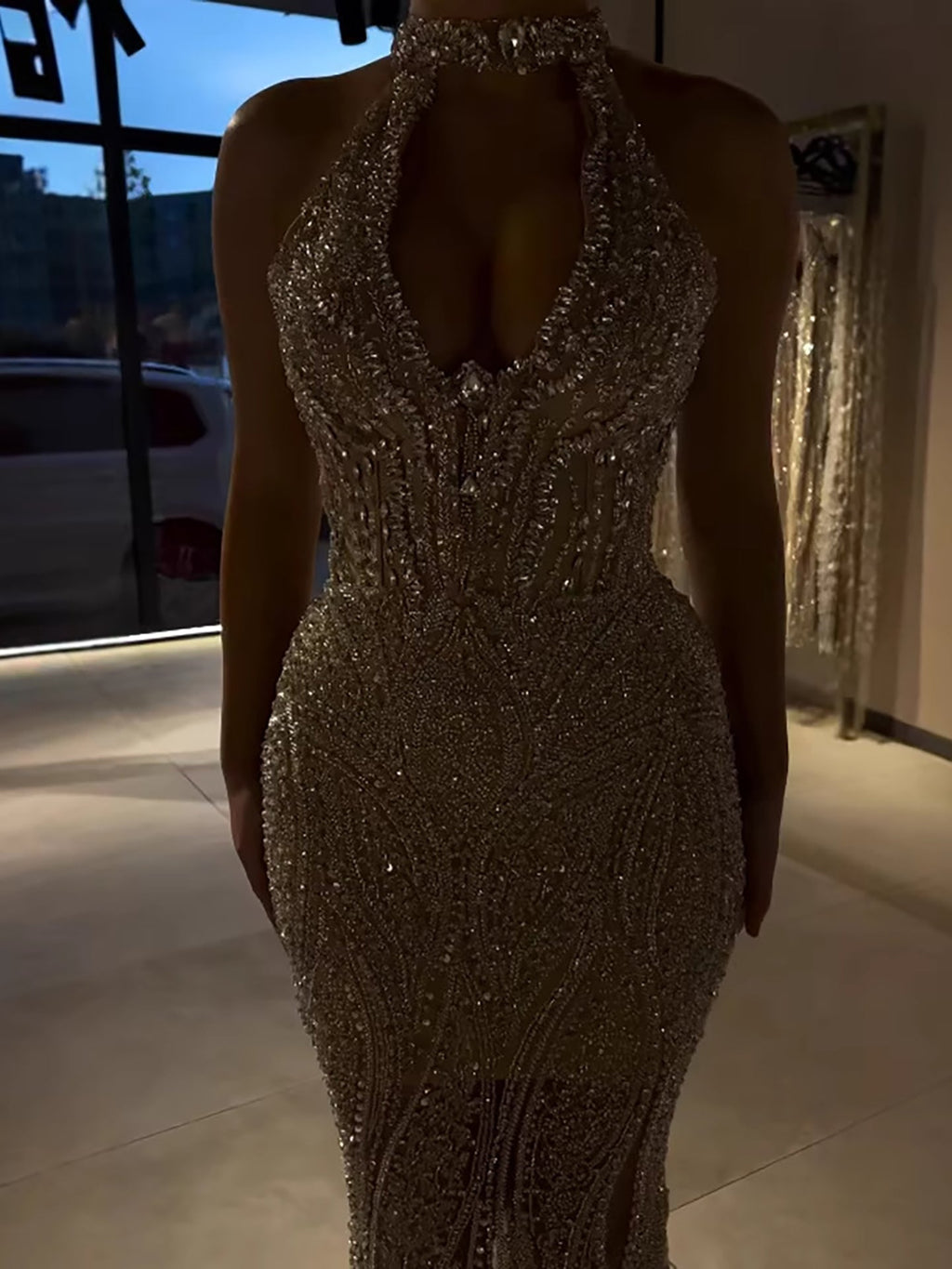 Silver Nude Halter Deep V Crystal Mermaid Evening Dress CLA733673
